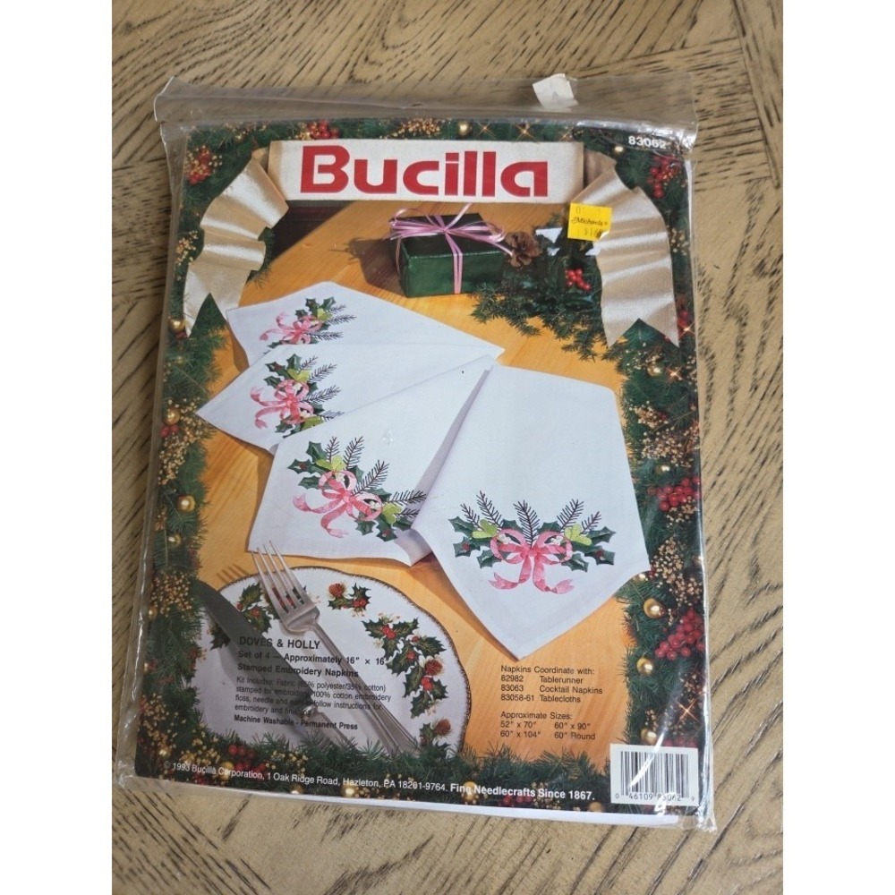 Bucilla Christmas DOVES & HOLLY Stamped Embroidery Napkins 16X16 NIP Set Of 4